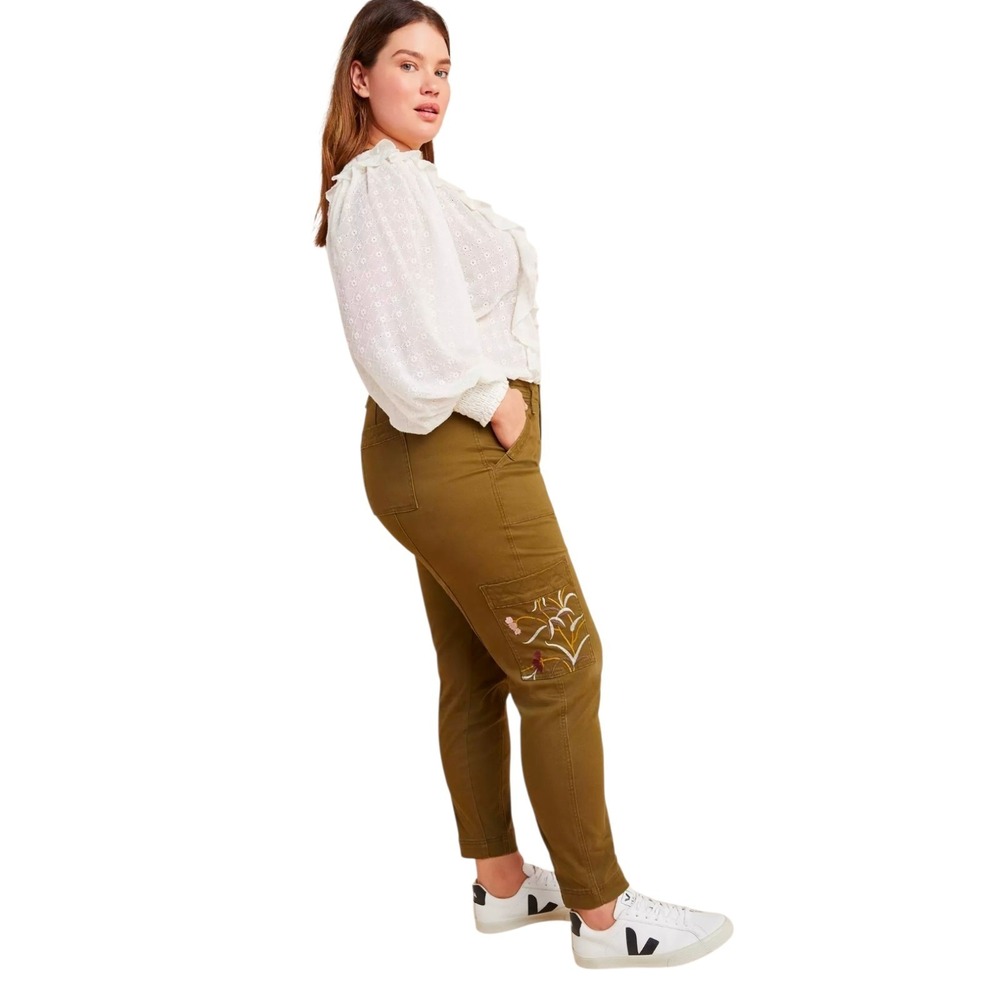 By Anthropologie Size 16W Olive Green Austin Utility Embroidered Pants Granola